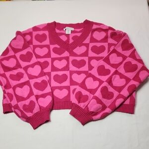 Sincerely Jules Size Large Pink and Red Heart V-Neck Crop Sweater